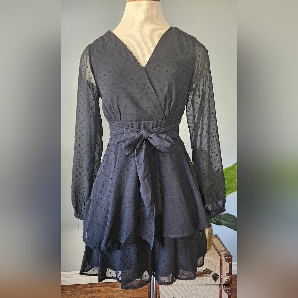 NWT Japna Coquette Romantic Goth Black Swiss Dot Ruffle Mini Dress Size S
